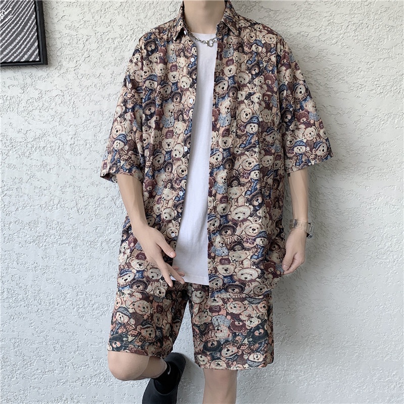 Bộ Áo Sơ Mi Tay Ngắn + Quần Short Ống Rộng Phong Cách Hawaii Cá Tính Thời Trang Hàn Quốc Cho Nam