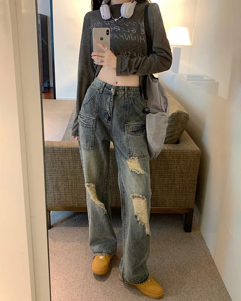 Quần Denim Ống Rộng Lưng Cao Phối Vết Rách Phong Cách Mỹ Thời Trang Mùa Thu Hàng Mới 55925