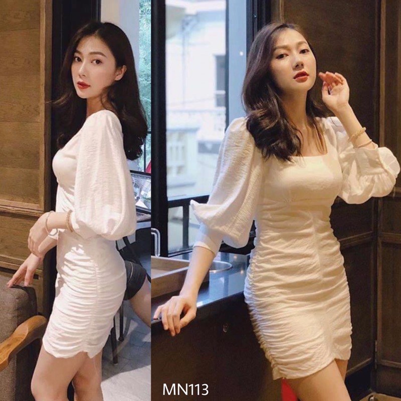 Đầm trắng cổ vuông tay phồng dáng ôm chất liệu đũi cao cấp 100% hàng giống mẫu - MN113