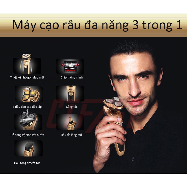 Máy cạo râu 3 lưỡi CTFAST-LINGKE: đa năng 3 trong 1 (cạo râu, tông đơ cắt tóc, tỉa lông mũi), nhỏ gọn pin sạc tiện dụng