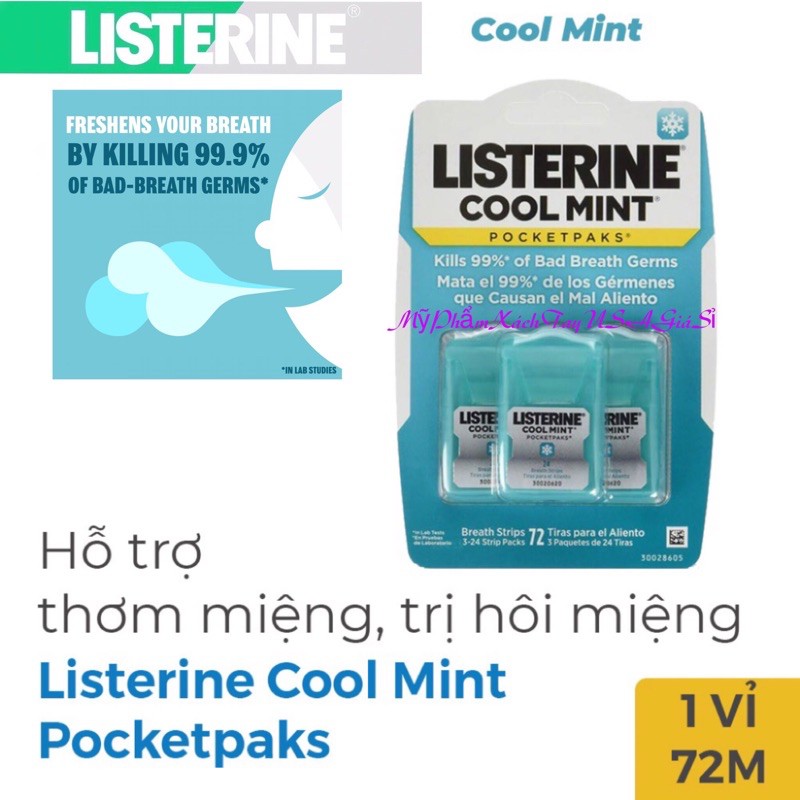 [Hàng Mỹ]Miếng ngậm thơm miệng Listerine Pocketpaks (Vĩ 3 hộp x 24 miếng)