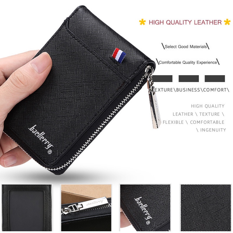 Ví đựng Thẻ Da Kiểu Ngắn Màu Trơn Viền Kim Loại Có Khóa Kéo Sức Sành điệu Dành Cho Nam