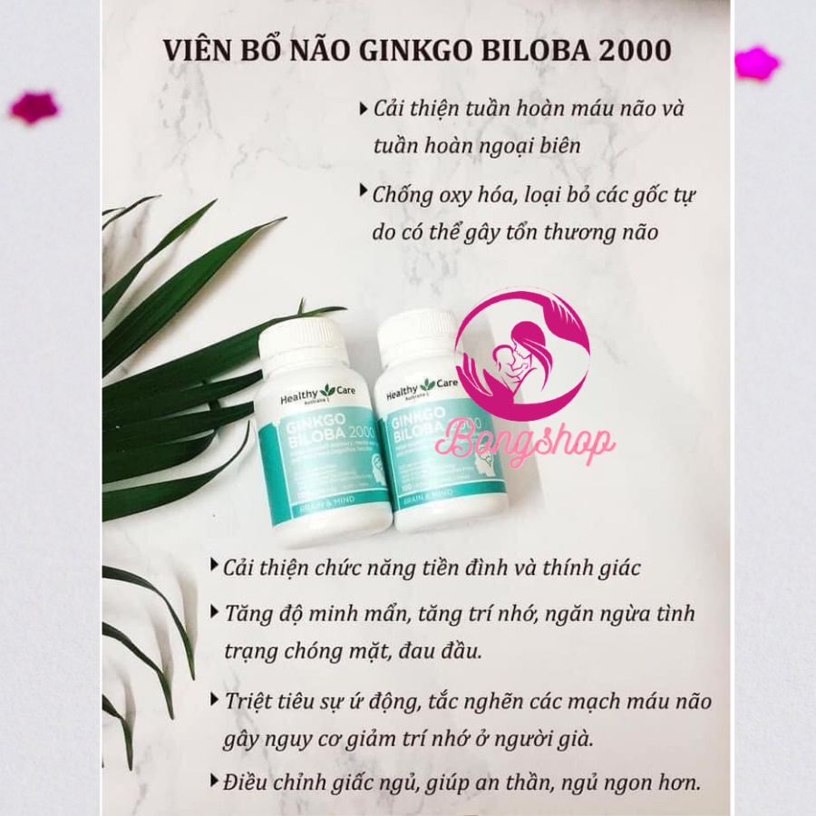 Bổ não Ginkgo Biloba 2000 Healthy Care, viên uống bổ não, tuần hoàn máu não, 100 viên, Mẫu mới