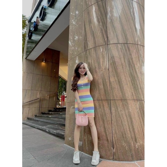 ✨đầm body len sọc cầu vồng