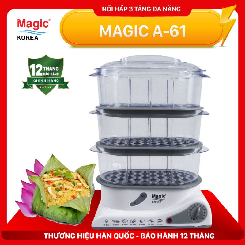 "SỐC: Nồi Hấp Thực Phẩm Magic Korea A61 Dung Tích 10.5 Lít- 3 Tầng Hấp Riêng Biệt Bảo Hành 12 Tháng Chính Hãng