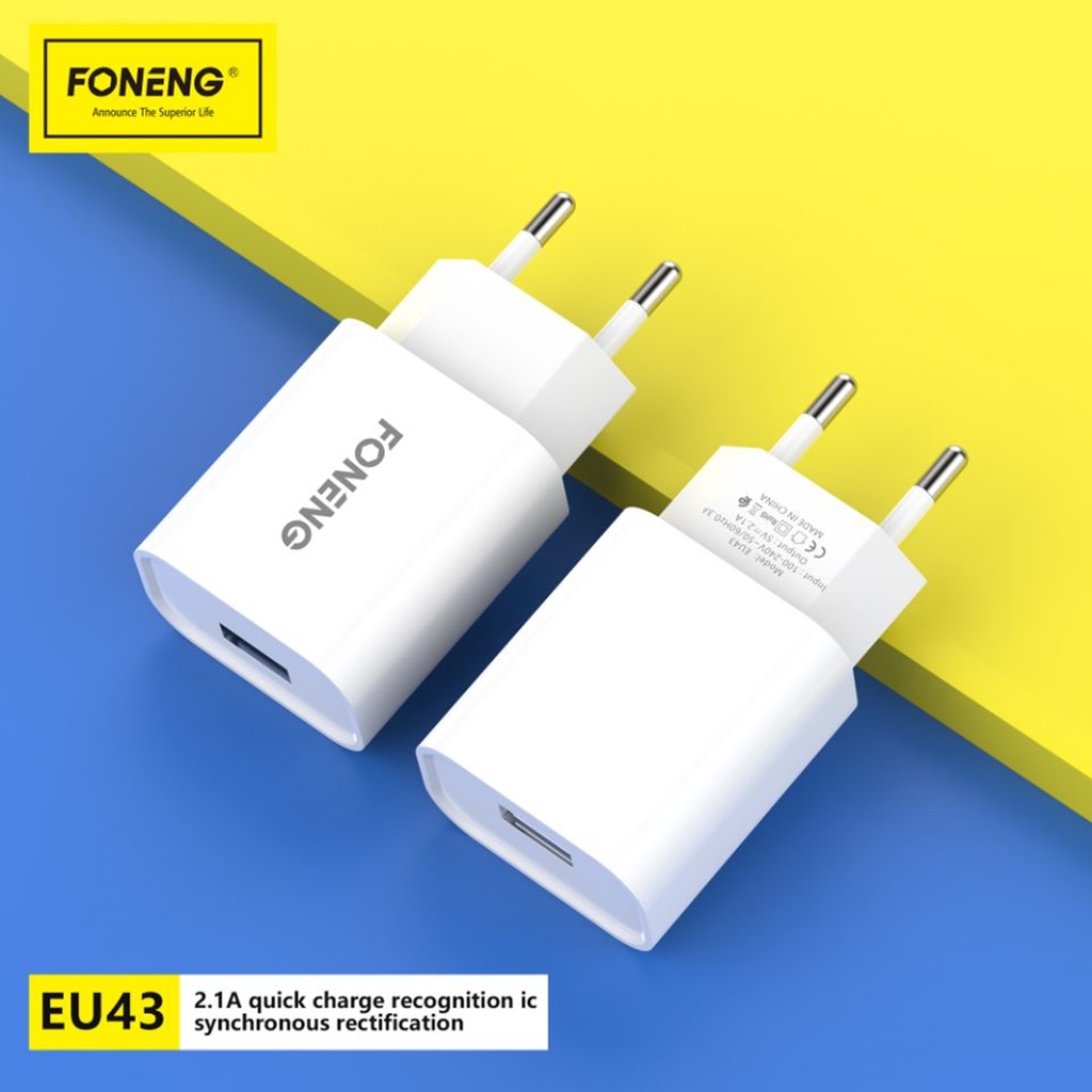 Bộ sạc FONENG EU43 USB Lightning sạc nhanh 2.1A, thích hợp nhiều dòng iPhone/iPad..., dây nhựa dẻo, dài 100cm