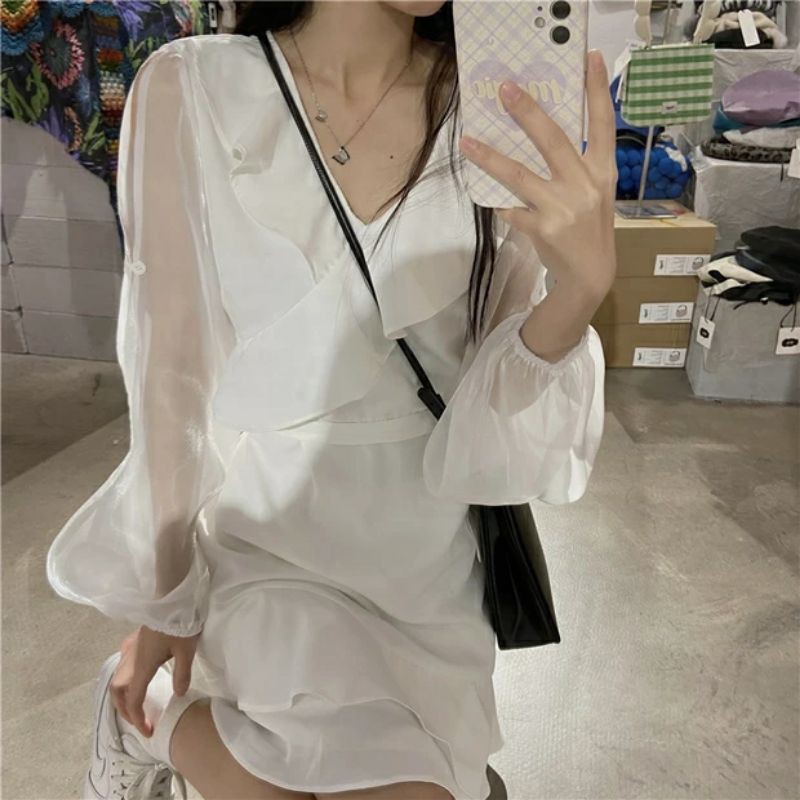 6:30PM Order Váy babydoll ulzzang cổ v phối tay vải voan mỏng xẻ tà