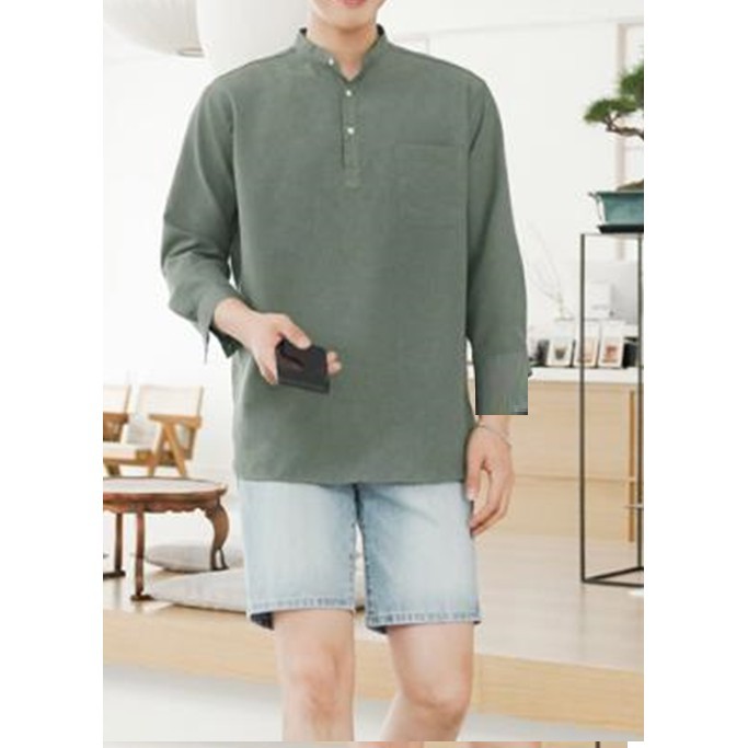 Áo sơ mi nam dài tay cổ tàu chui đầu xanh rêu M05