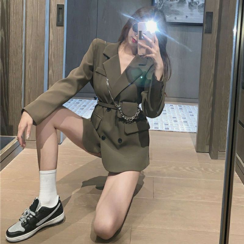[Sẵn nâu rêu] Áo blazer áo vest dáng dài giấu quần kèm túi thắt lưng sexy tôn dáng | BigBuy360 - bigbuy360.vn