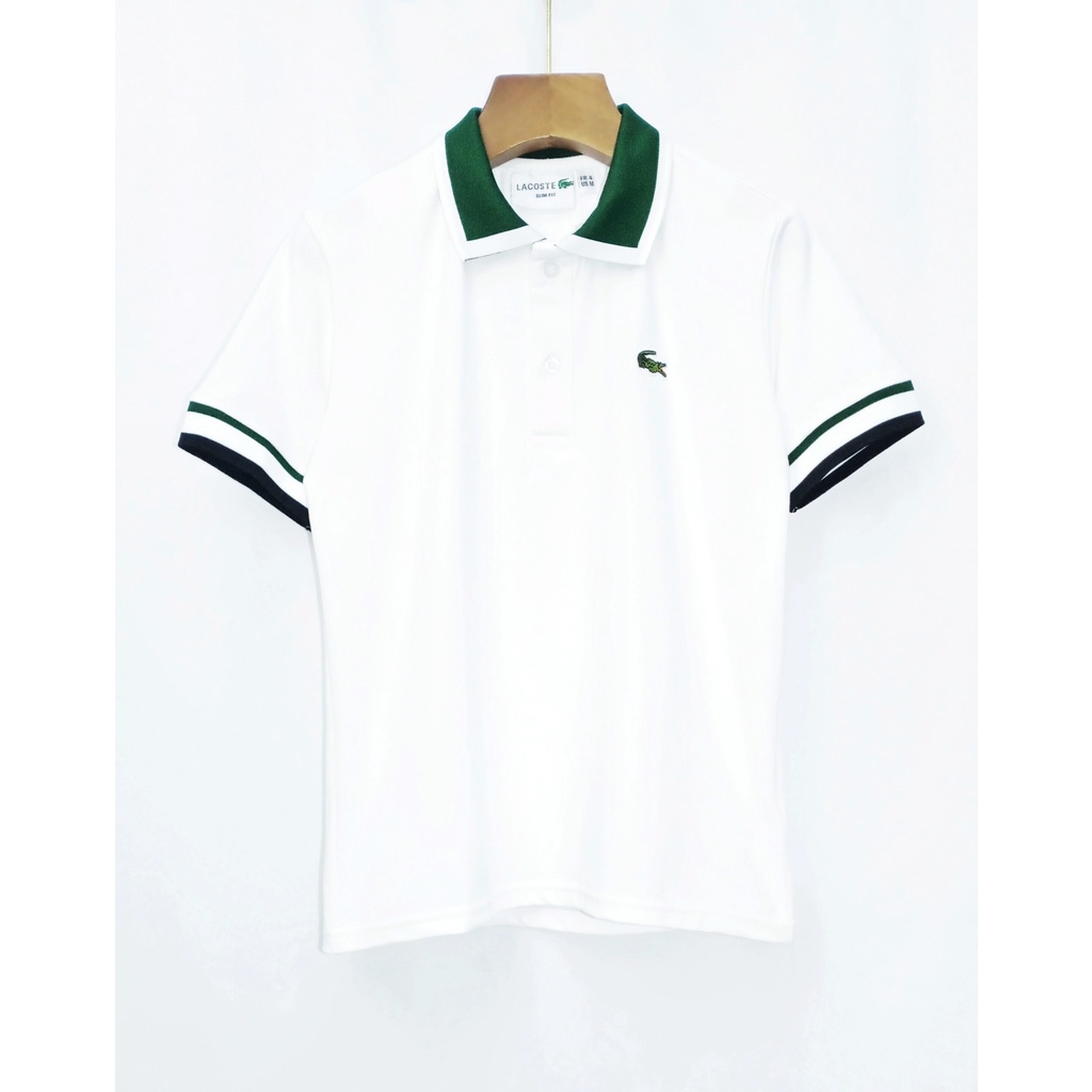 ÁO THUN CỔ TRỤ LACOSTE TRẮNG XANH LÁ VNXK   - COTTON CÁ SẤU 100%
