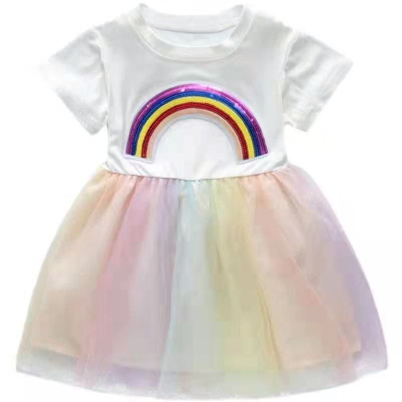 Đầm Công Chúa Phối Lưới Màu Cầu Vồng Thời Trang Mùa Hè Hàn Quốc 2022 Mới Cho Bé Gái