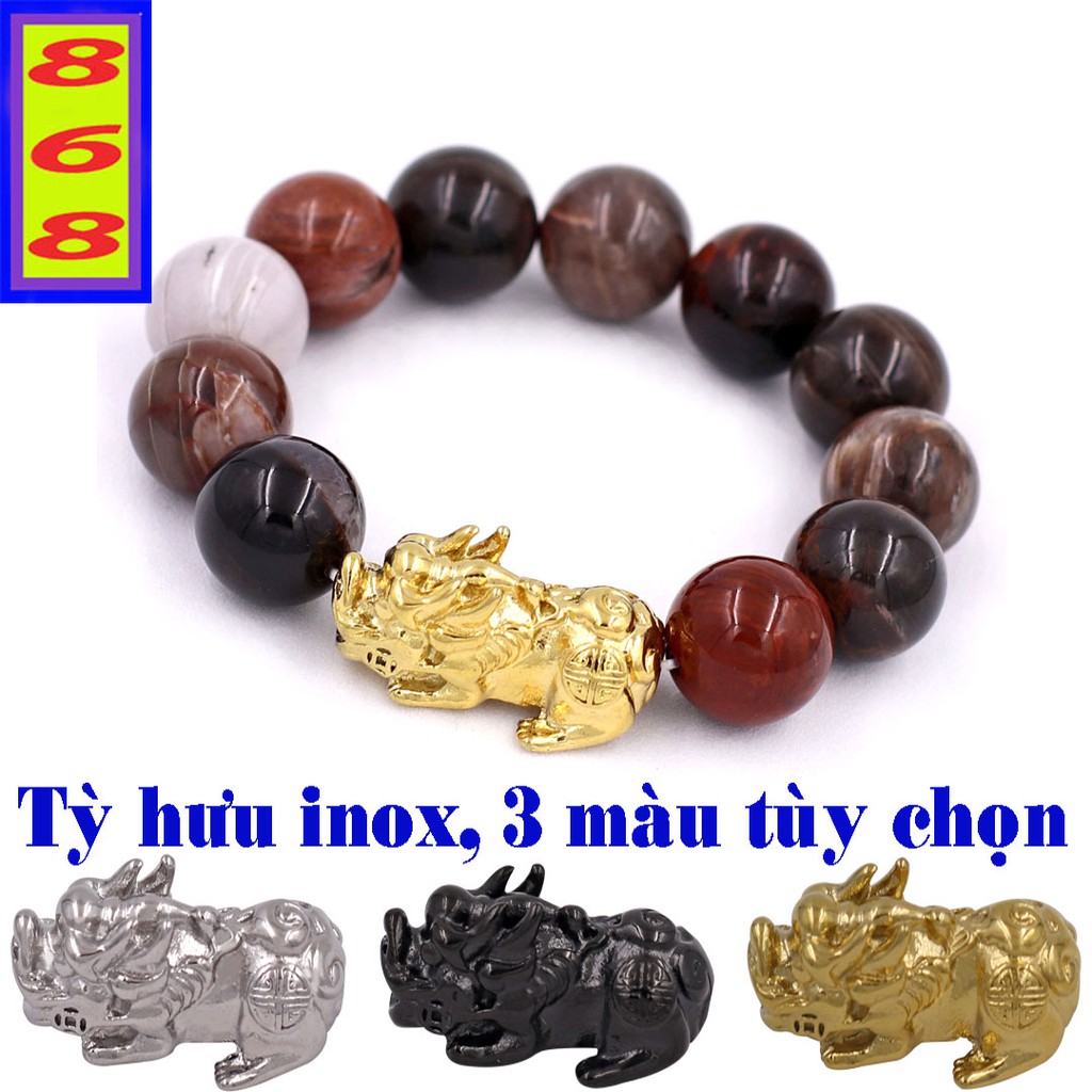 Chuỗi tay Tỳ Hưu inox - Chuỗi tay Gỗ Hóa Thạch Tự Nhiên 16 ly VGHTTHV16 - Hợp tất cả các mệnh - Chuỗi size XXL