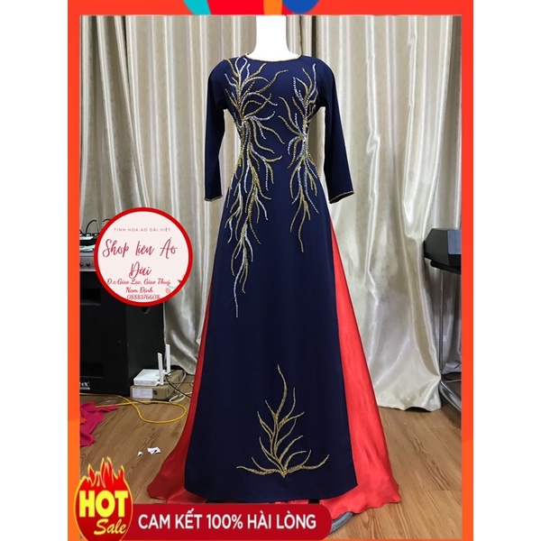 Áo dài xanh đen thiết kế vẽ tay điệu xinh,chất vải lụa, hàng 2 tà điệu xinh