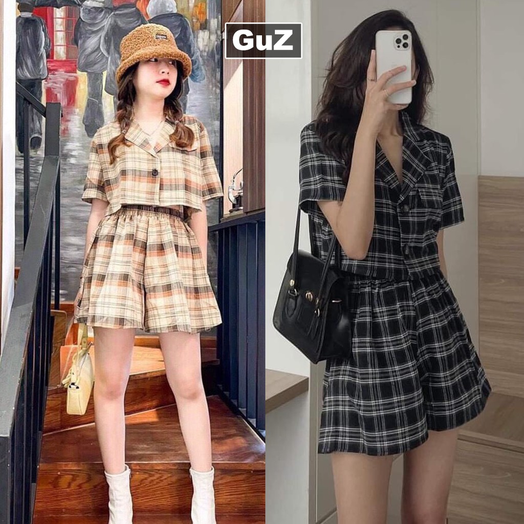 Set bộ nữ gồm quần short ống rộng và áo croptop cổ bẻ vest chất thô mềm guzfashion