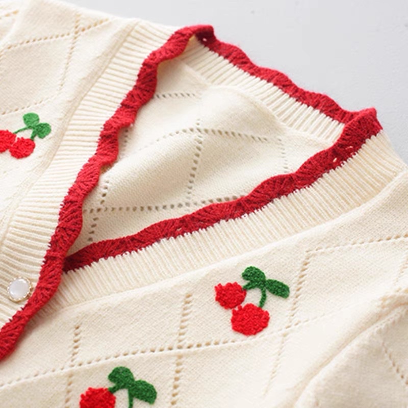 Áo khoác Cardigan dáng ngắn tay bồng cổ tim viền bèo thêu hình 🍒