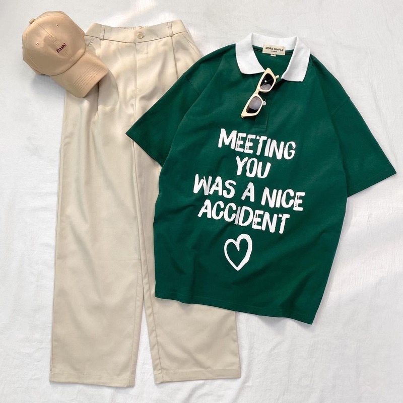 Polo Unisex MEETING màu XANH LÁ/TRẮNG form rộng ✳️ Chất thun da cá form nam nữ unisex/Áo thun có cổ Jaystoree