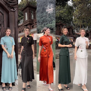 Đồ lam nữ đi chùa - đồ lam đi chùa cao cấp - pháp phục phật tử thêu cá ngọc vải lụa cao cấp