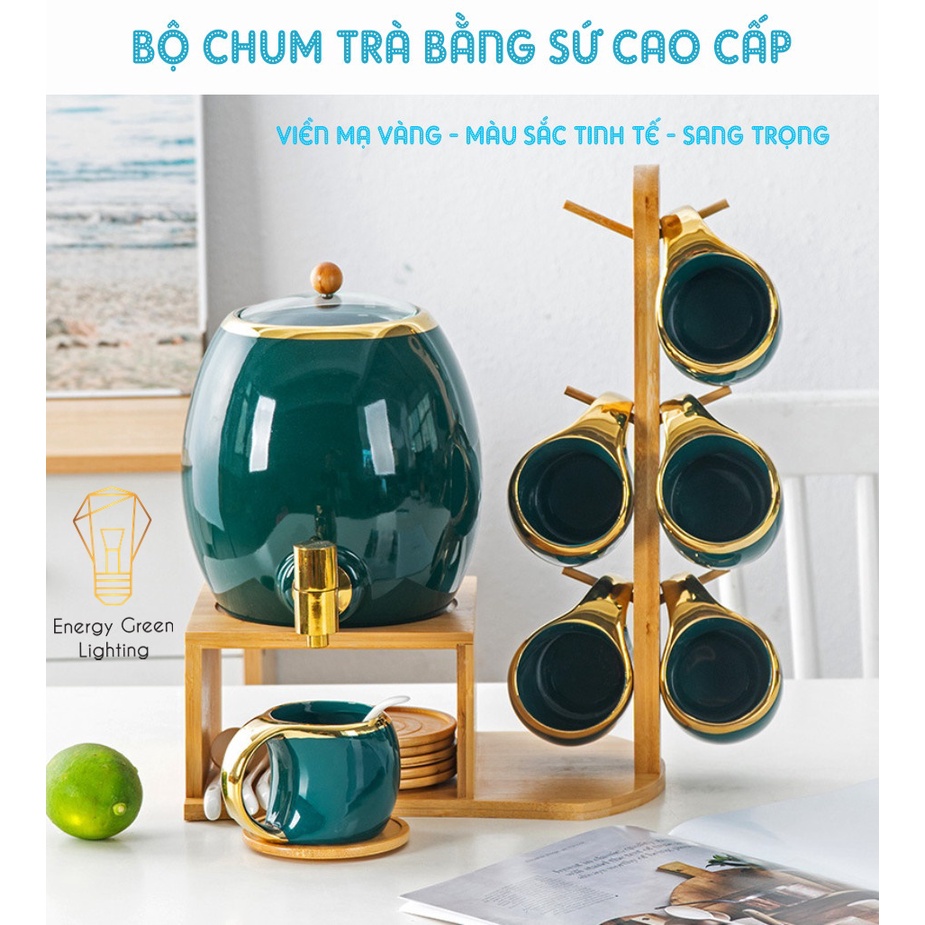 Bộ Chum Trà 6 Ly Bằng Sứ Energy Green Lighting Cao Cấp - Dung Tích 3L - Chum Trà Sứ Đa Năng Nước Detox, Nước Hoa Quả,Trà
