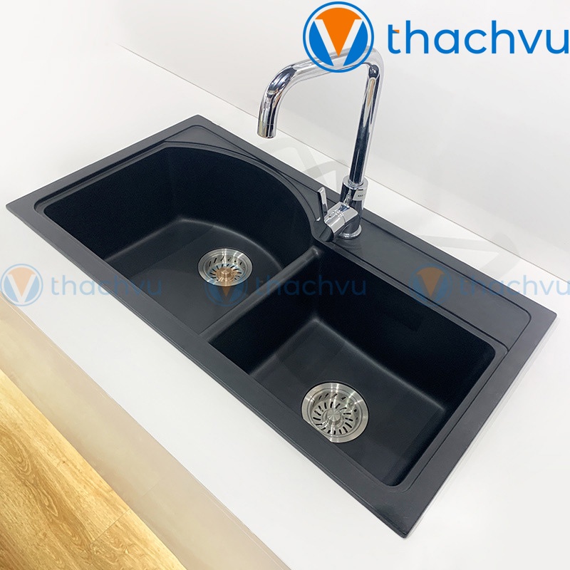 Chậu rửa chén bằng đá granite, bồn rửa chén bát 2 hố cao cấp, combo chậu rửa nhà bếp 2 hố lệch kèm xiphong ống xả.