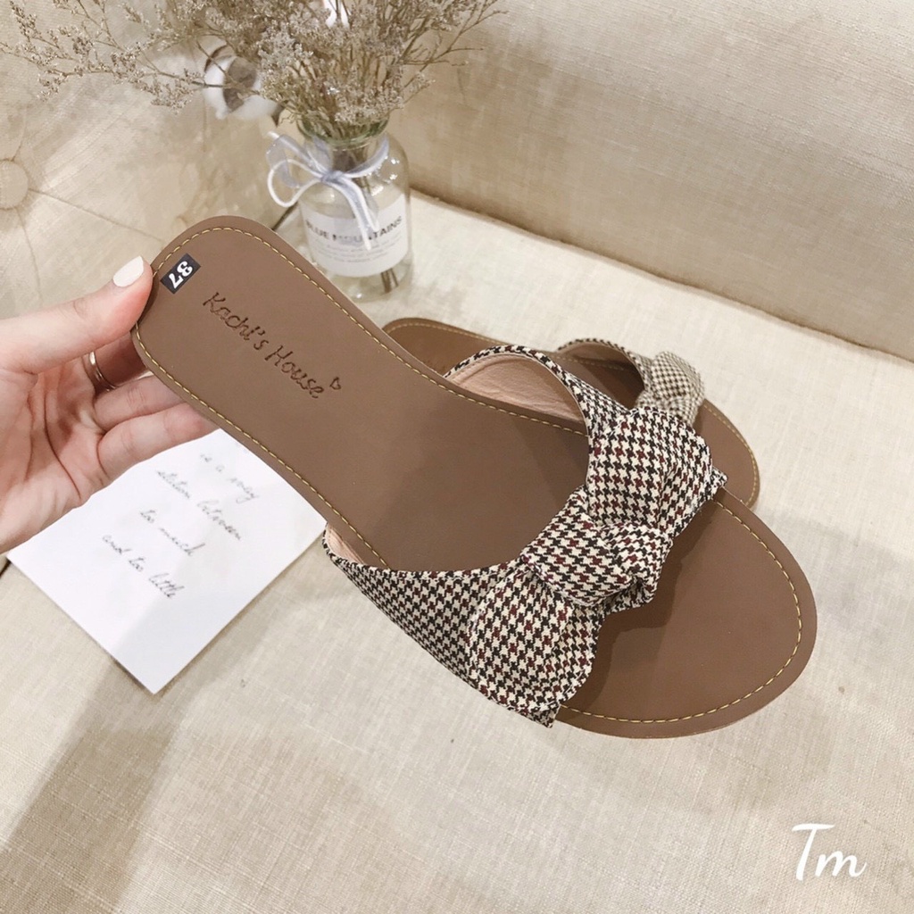 Dép bệt caro nơ nâu thời trang