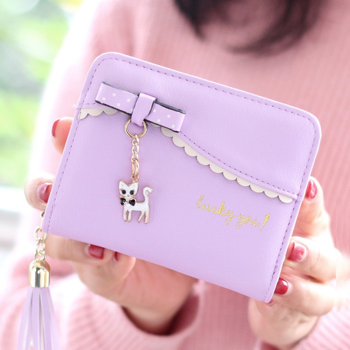 Korean version bow cat small pendant short wallet girl zipper purse tassekolah dompetwanita Ví ngắn có khóa kéo hình mèo thời trang Hàn Quốc