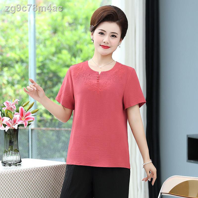 áo sơ mi nữ vải lanh và cotton mới mùa hè phông ngắn tay mỏng hình chữ V thêu cổ tròn phù hợp với mẹ trung niê