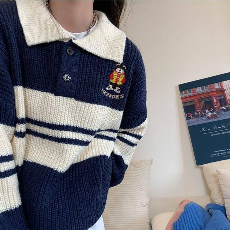 Áo Sweater Dệt Kim Cổ Polo Kẻ Sọc Xanh Dương In Họa Tiết Hoạt Hình Dày Dặn Ấm Áp