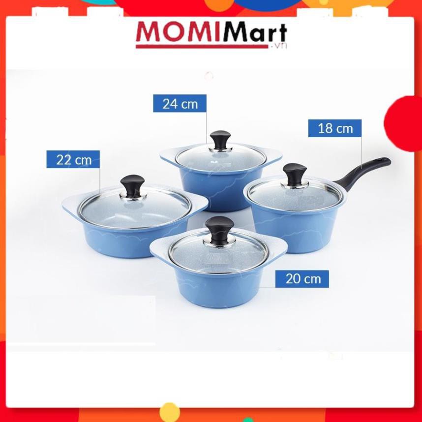 BỘ 4 NỒI ECORAMIC ĐÚC NGUYÊN KHỐI Hàn Quốc. Nồi 1 tay cầm 18cm, Nồi 2 tay cầm 20-22-24cm