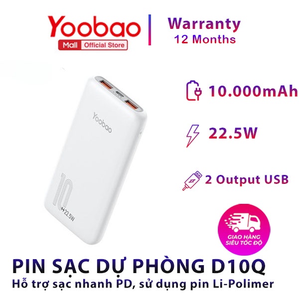 [CHÍNH HÃNG-BH 12 THÁNG] Sạc dự phòng 10000mAh Yoobao D10Q 2 cổng USB - Hàng chính hãng - Bảo hành 12 tháng 1 đổi 1