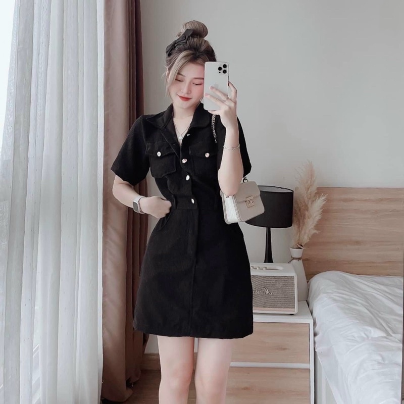 Đầm nhung túi hộp cổ sơ mi, Váy Nhung Dáng Ngắn Siêu Xinh