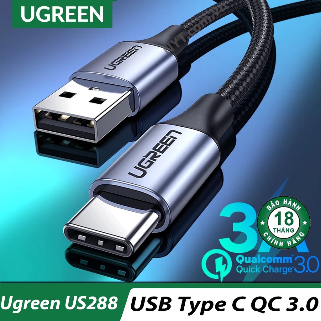 Cáp USB Type C Sạc Nhanh QC 3.0 18W Dây Dù Đầu Hợp Kim Nhôm Cao Cấp UGreen US288 - BH 18T Chính Hãng
