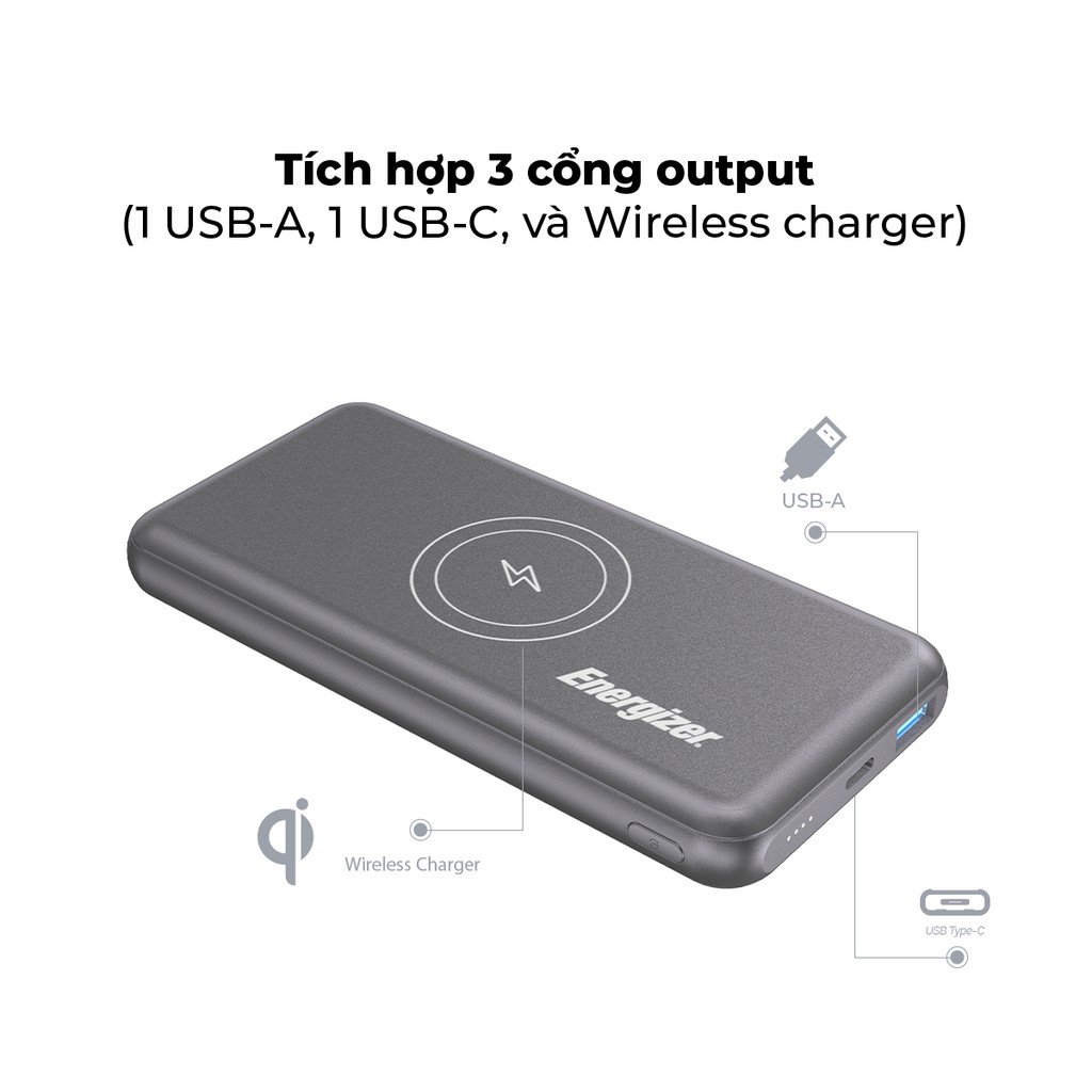 Sạc dự phòng Energizer QE10007PQ 10,000mAh Tích Hợp Sạc Không Dây &amp; Sạc Nhanh Chưa qua sử dụng, trày vỏ ngoài [BH 1 năm]