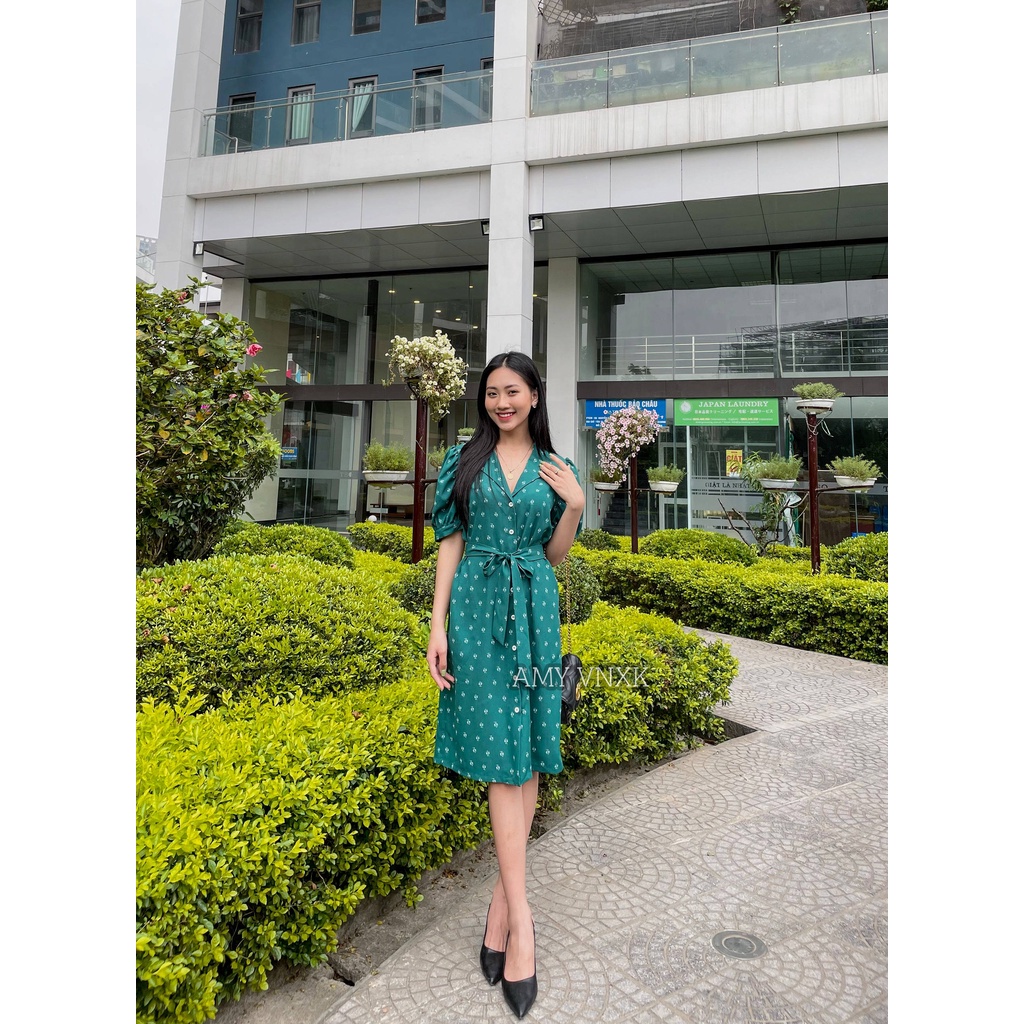 Đầm váy hoa cổ hai ve dáng suông kèm đai tháo rời dạo phố, công sở, đi biển Vnxk