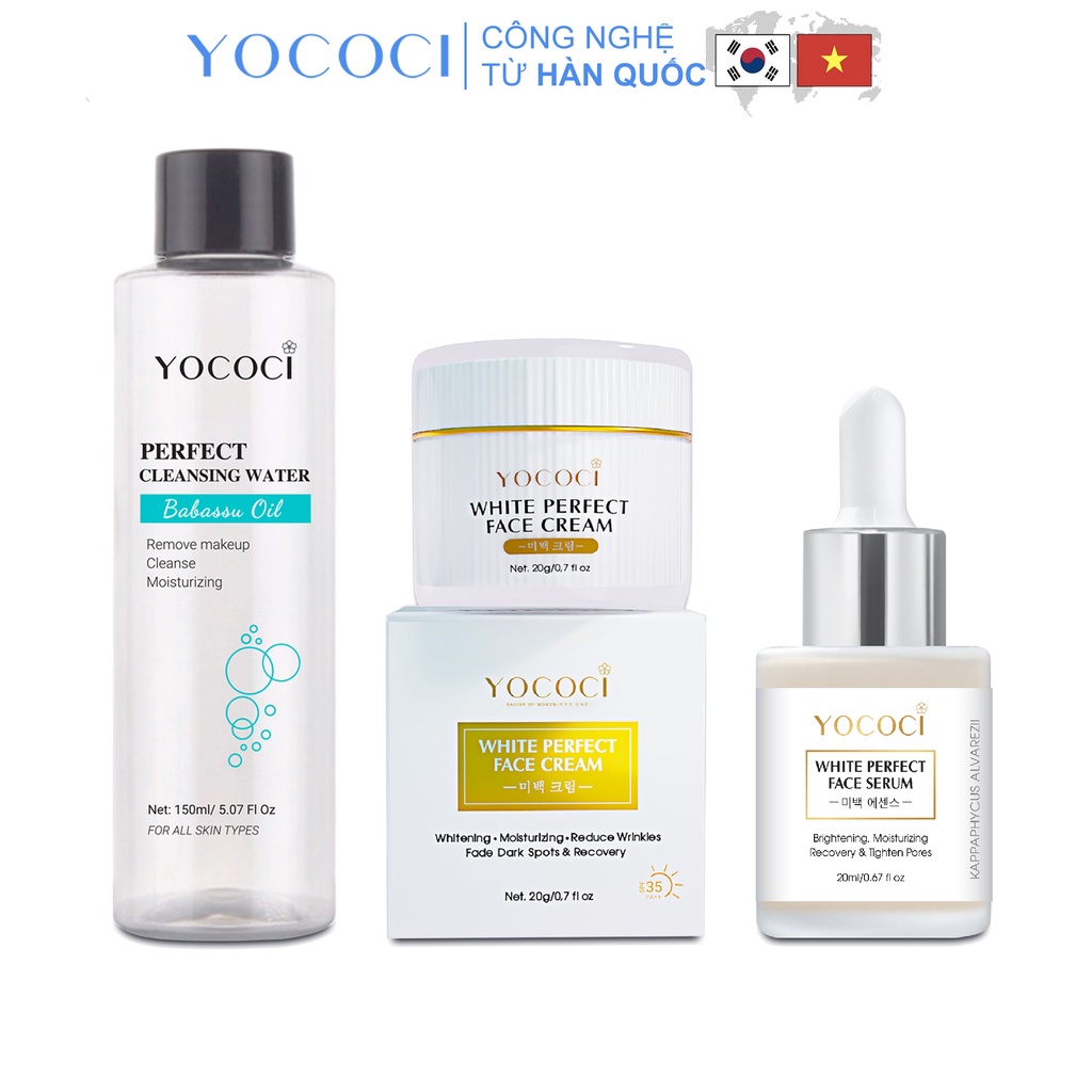 Bộ 3 sản phẩm Yococi Perfect gồm 1 serum dưỡng da 20ml, 1 kem dưỡng trắng da mặt 20g &amp; 1 nước tẩy trang 150ml