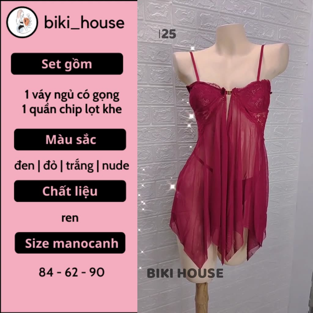 Váy ngủ ren xuyên thấu có gọng nâng ngực mềm mịn gợi cảm đầm 2 dây nữ xẻ tà hở lưng quyến rũ cao cấp BIKI HOUSE N133 | BigBuy360 - bigbuy360.vn