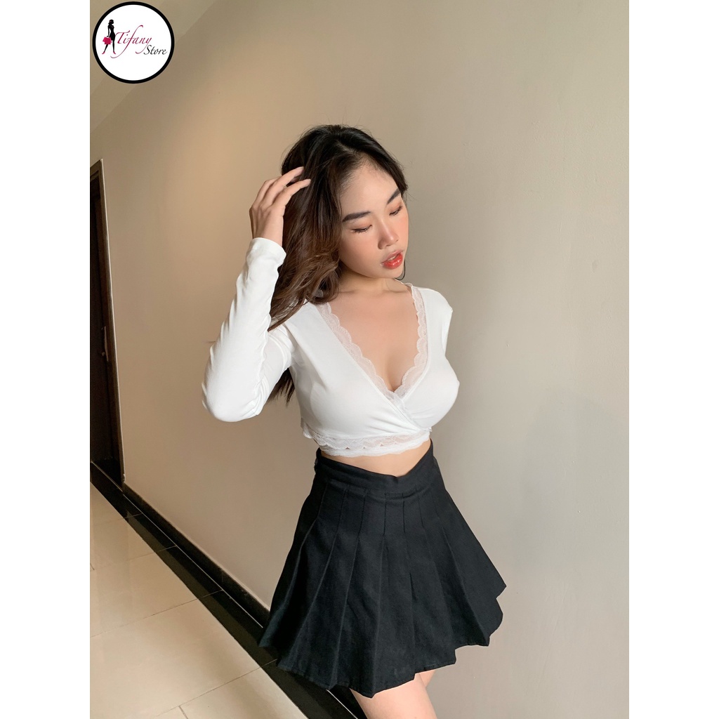 Áo Croptop Viền Bèo Tay Dài Cột Dây Eo Big Size Dưới 80Kg Chất Thun Màu Trắng "REN"