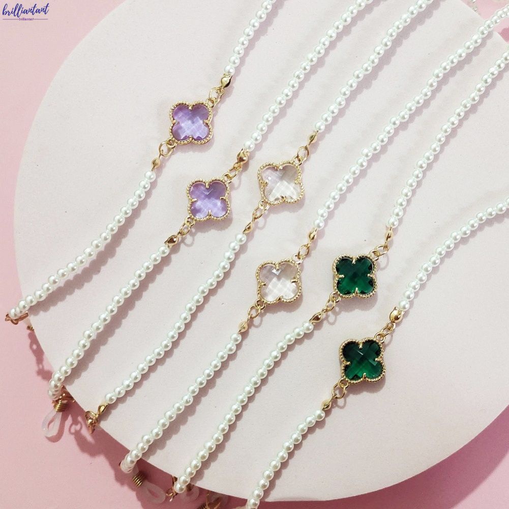 Dây Đeo Kính Chống Rơi Hình Cỏ Bốn Lá Đính Ngọc Trai Pha Lê Thủ Công Phong Cách Cổ Điển