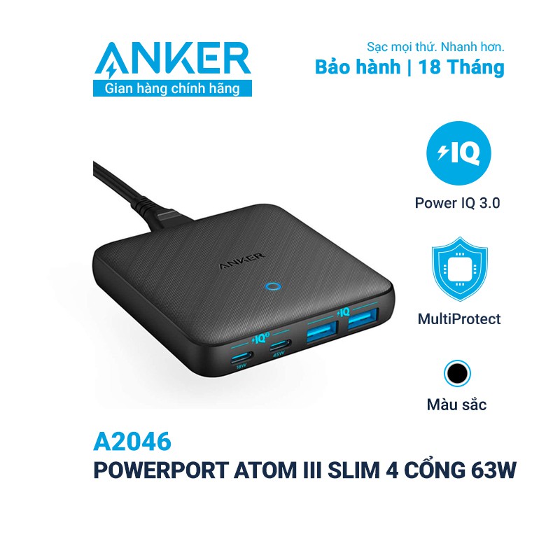 Sạc Anker 4 cổng PowerPort Atom III Slim 63w - A2046