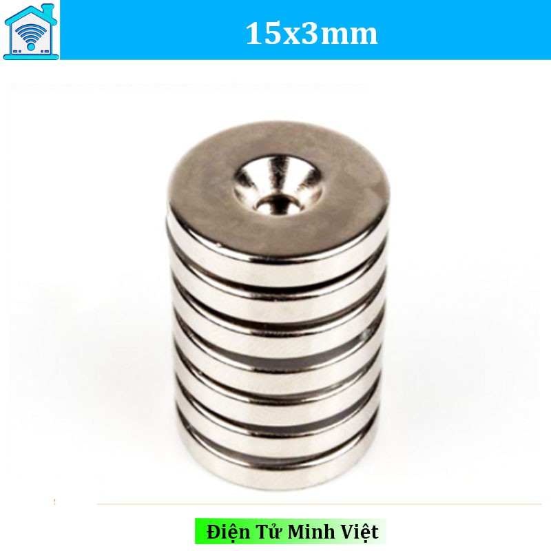 Nam châm 15x3mm lỗ 4mm viên hình tròn đất hiêm siêu mạnh