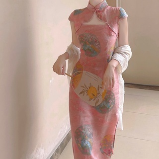 Sườn xám cách tân màu hồng khoét rỗng phong cách cổ điển thời trang hè mẫu mới 2021