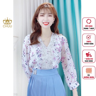 Áo sơ mi công sở nữ kiểu họa tiết hoa lá cổ ren tay phồng CHUU A5678