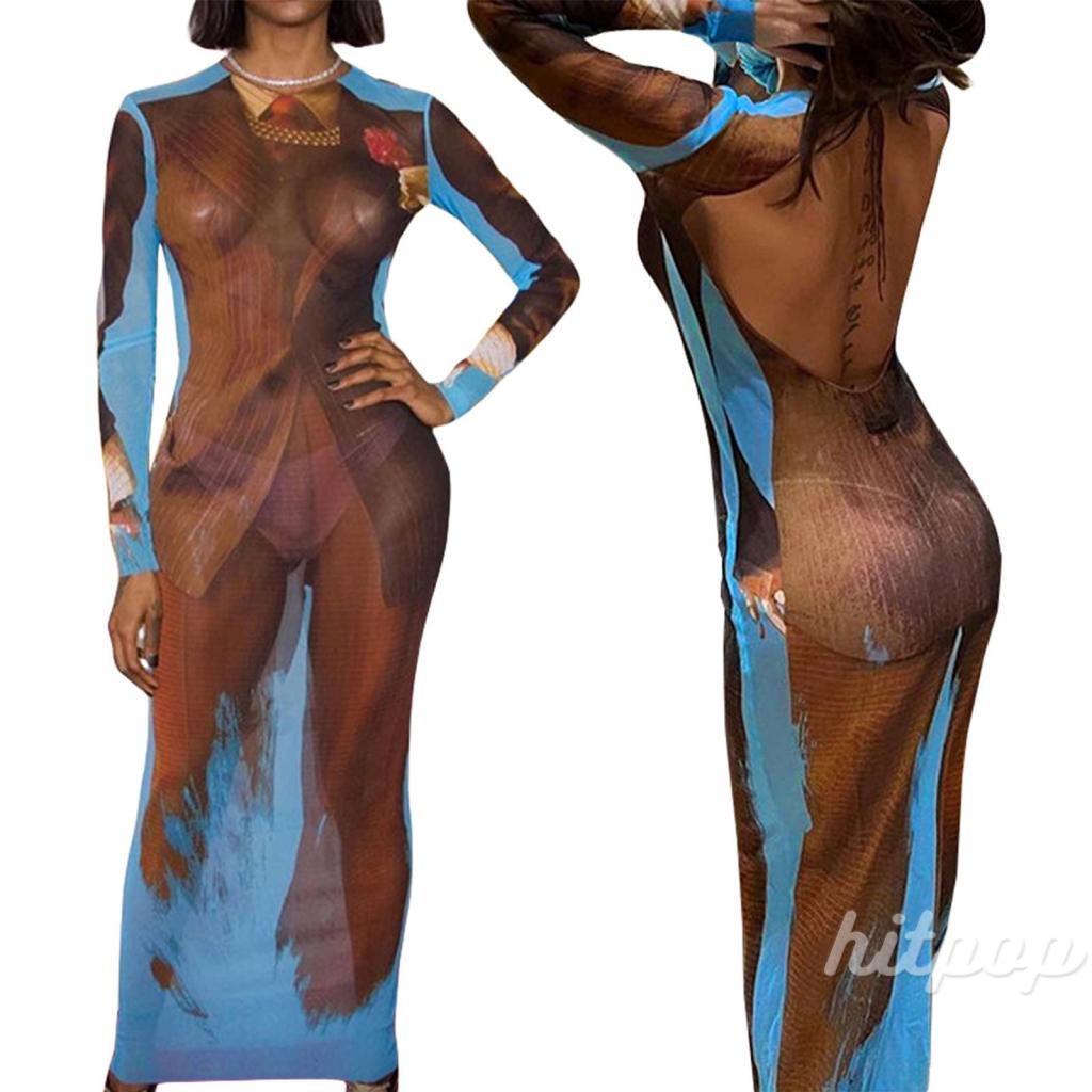 Hitpop-Women Summer Dress, Printed Long Sleeve Crew Neck Sheer Backless Long Dress, Ladies Tie-Up Perspective Party
