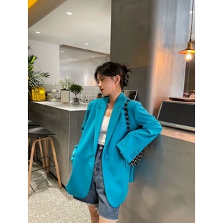 Áo blazer - áo vest dáng suông cúc bọc xanh hàng thiết kế