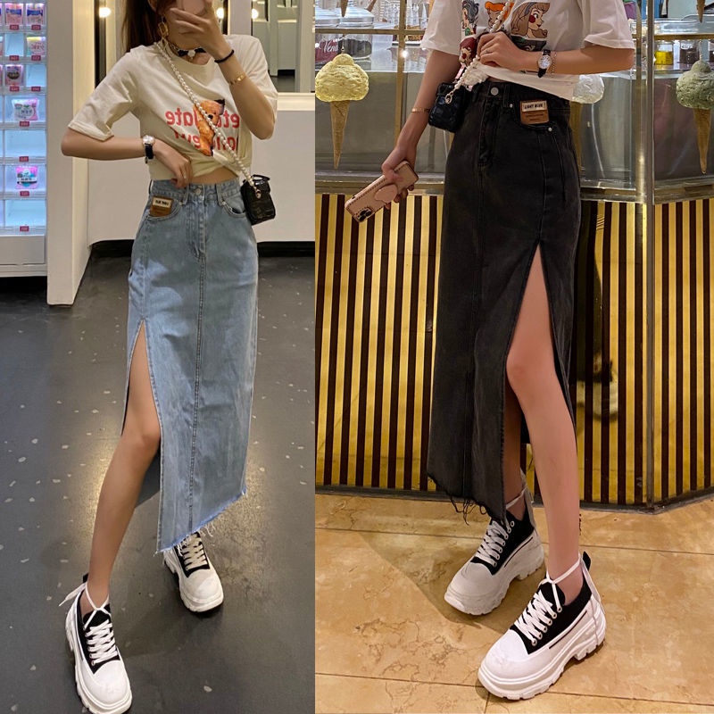 Jiashucheng Chân Váy Denim Lưng Cao Dáng Ôm Xẻ Tà Thời Trang Cá Tính Cho Nữ
