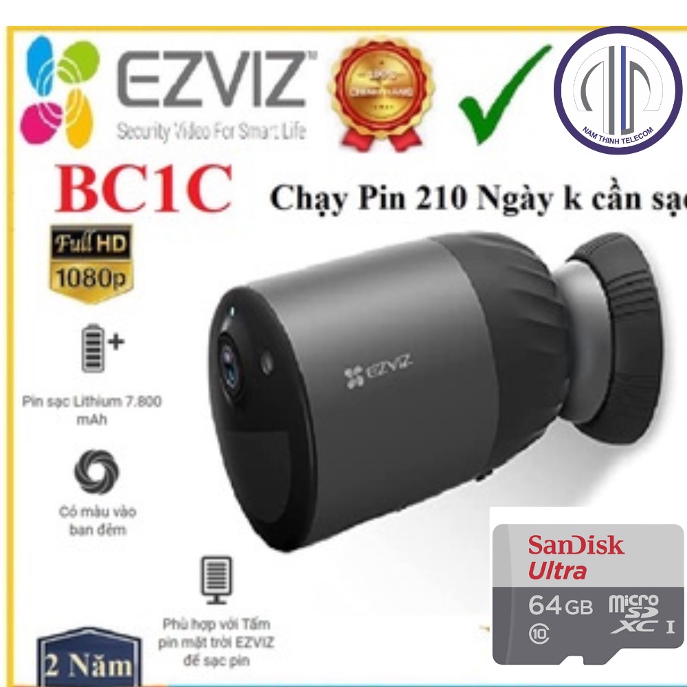 Camera không dây EZVIZ BC1C dùng pin ngoài trời, màu ban đêm, năng lượng mặt trời, đàm thoại 2 chiều, chính hãng