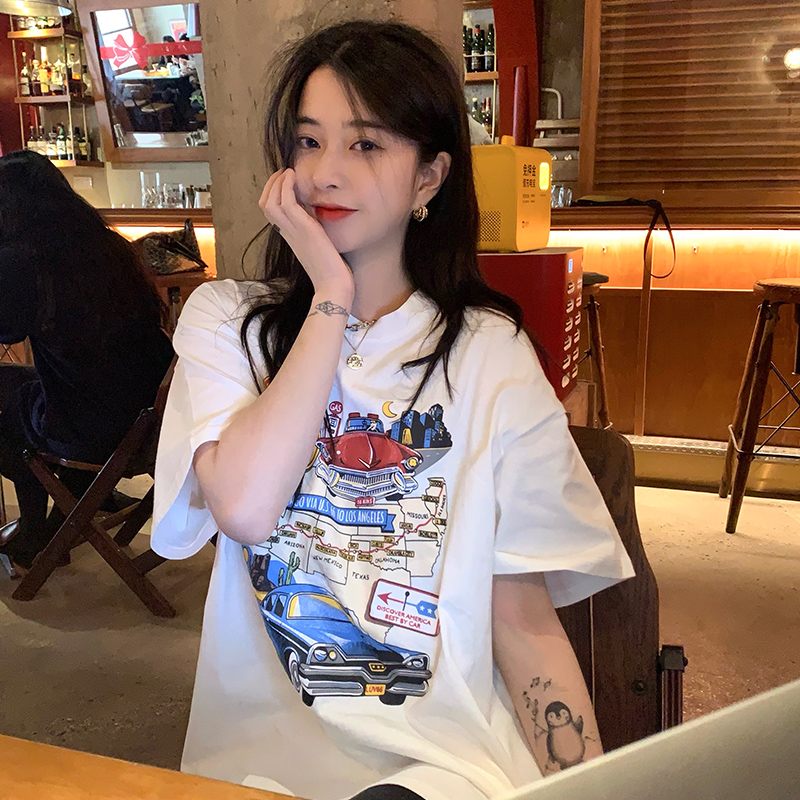 Áo thun dáng rộng tay ngắn in hình xe hơi thời trang cho nữ