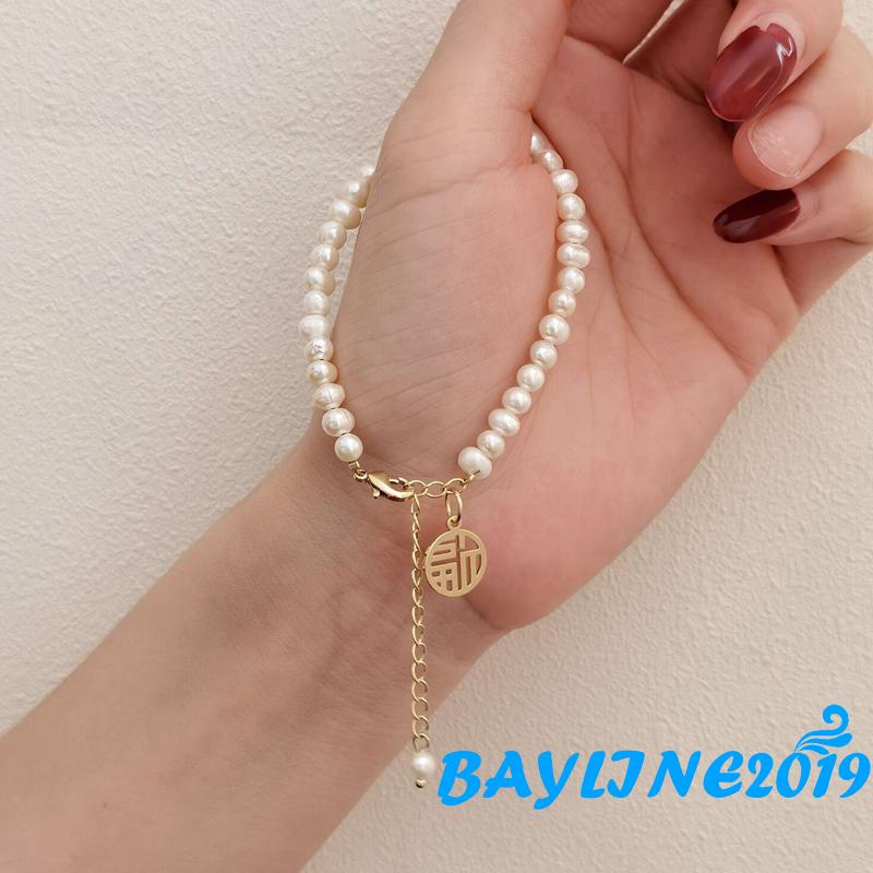 Vòng Tay Đính Ngọc Trai Giả Mặt Tròn Phong Cách Ngọt Ngào Dành Cho Nữ