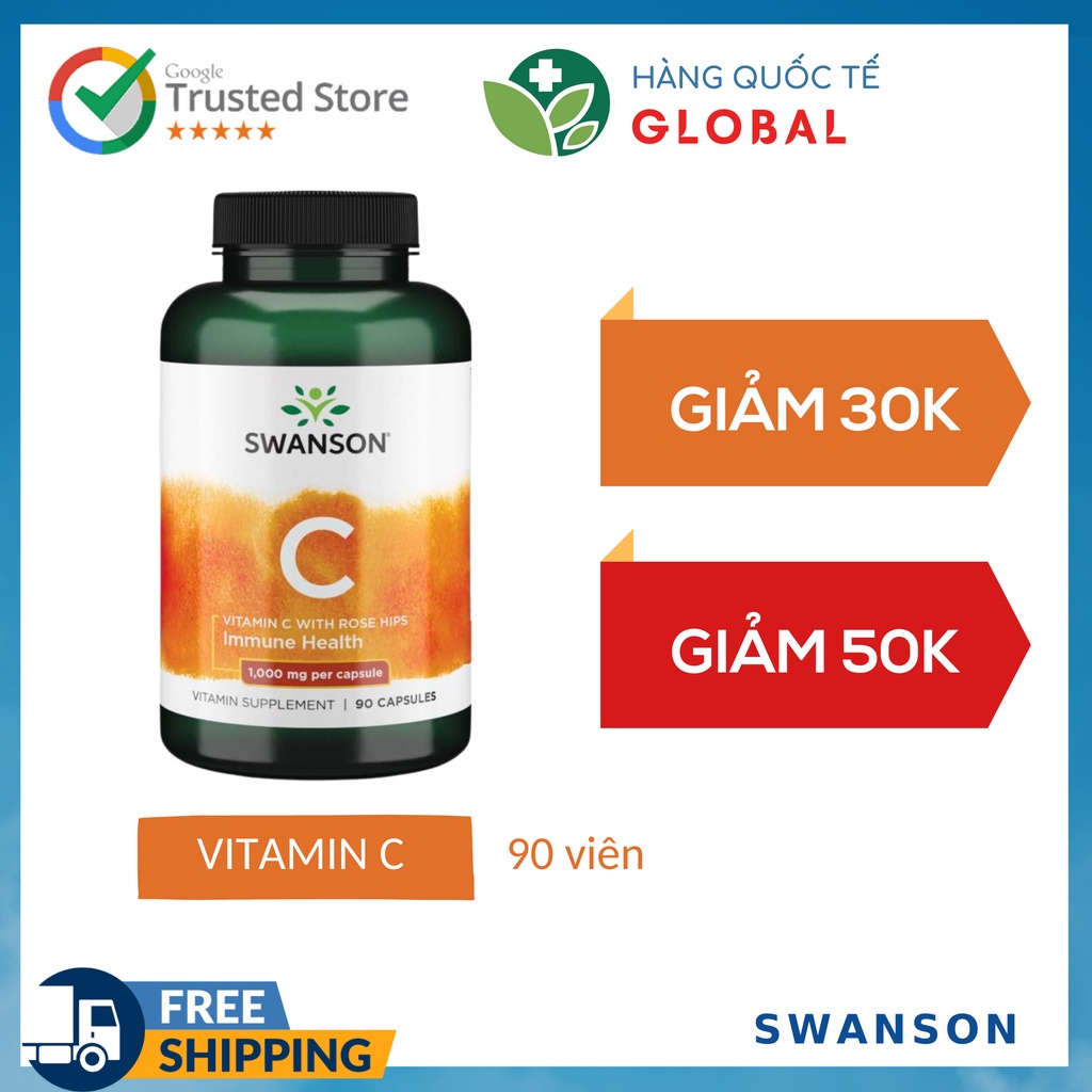 SWANSON VITAMIN C, 90 viên, Viên uống bổ sung vitamin c, tăng đề kháng
