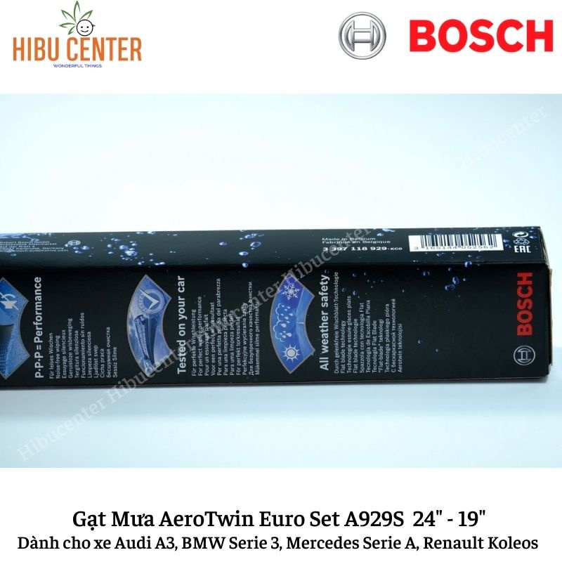 Gạt Mưa BOSCH AeroTwin Euro Set A929S Kích thước 24”/60cm – 19”/47.5cm | Dành cho Xe Audi A3, BMW Serie3, Renault Koleos