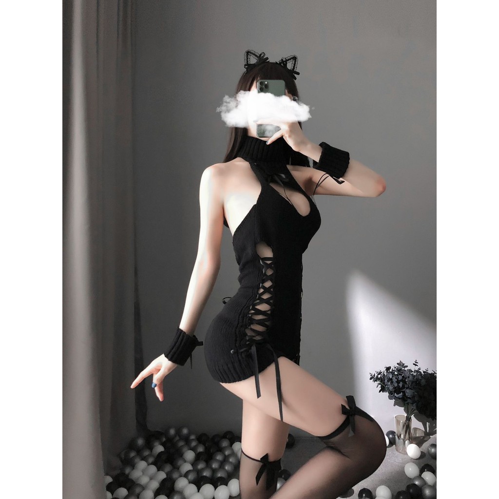 Set ngủ Cosplay len kín dây đan hông hở lưng đồ hóa trang quyến rũ | BigBuy360 - bigbuy360.vn